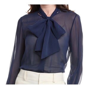 Lafayette 148 New York Silk Bow Tie Blouse in Midnight Blue with Sheer Design